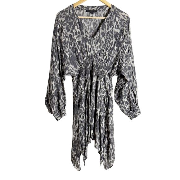 All Saints Nichola Gray Leopard Animal V-Neck Handkerchief Mini Dress Size M - Picture 5 of 15